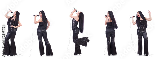 Woman singing in karaoke club in various poses on white © Elnur