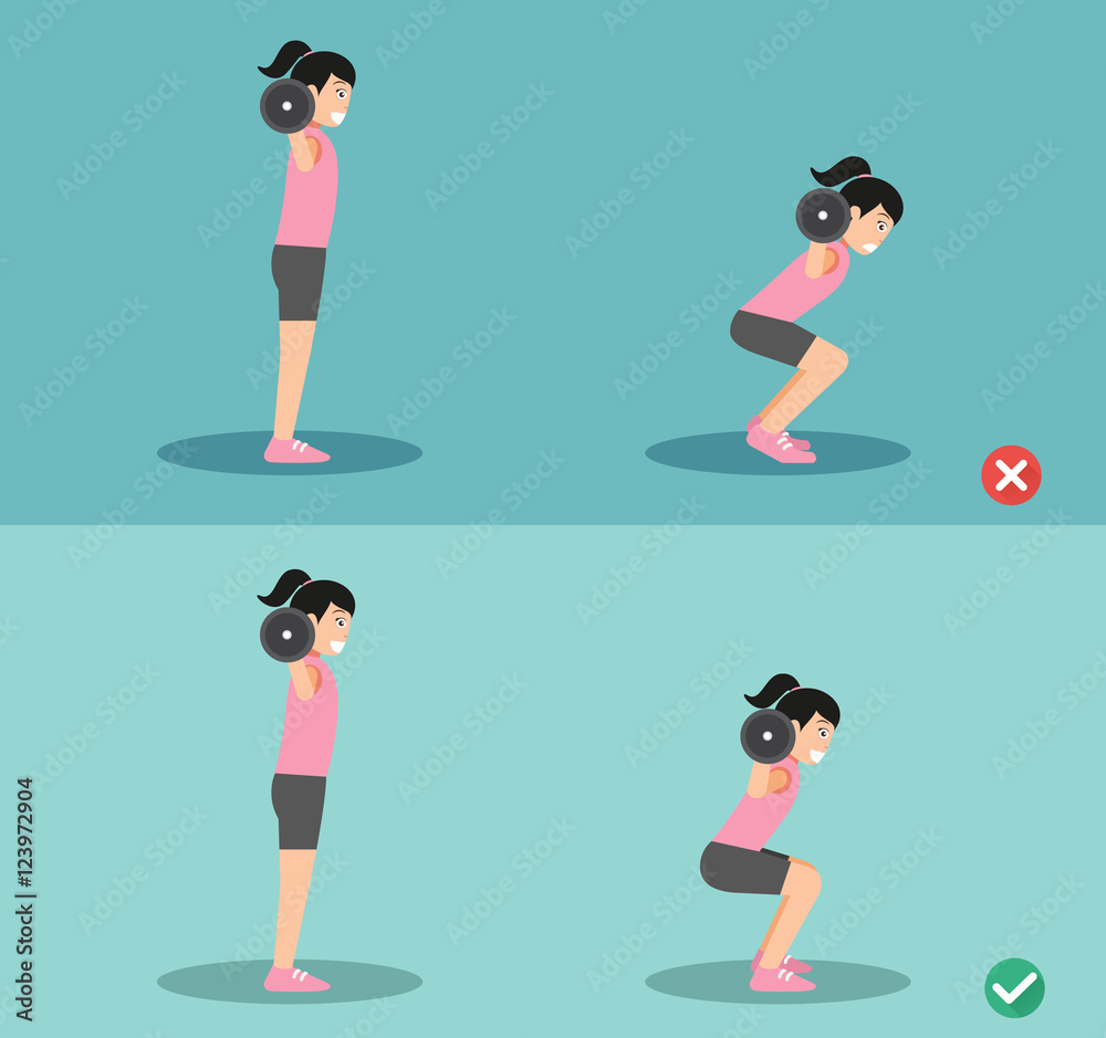 Woman wrong and right squat posture,illustration Woman wrong and right squat posture,illustration