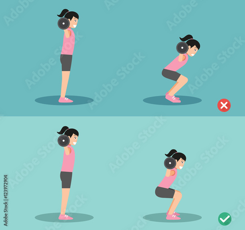 Woman wrong and right squat posture,illustration