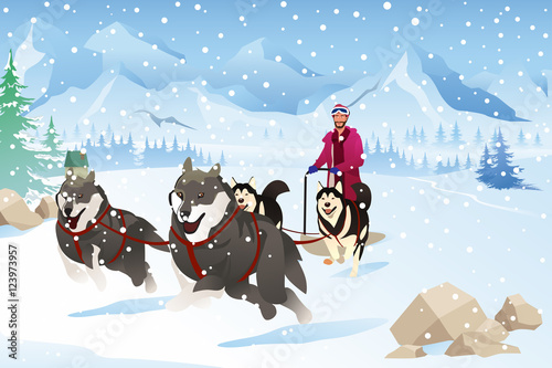Man with Dogs Sledding in the Snow During Winter