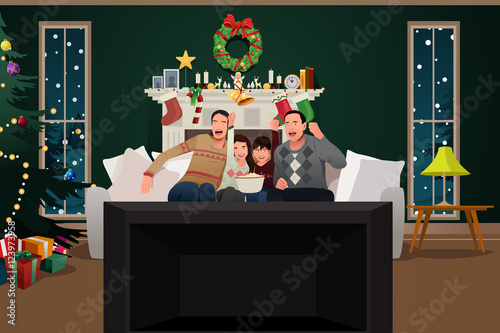 Family Watching TV During Christmas Season
