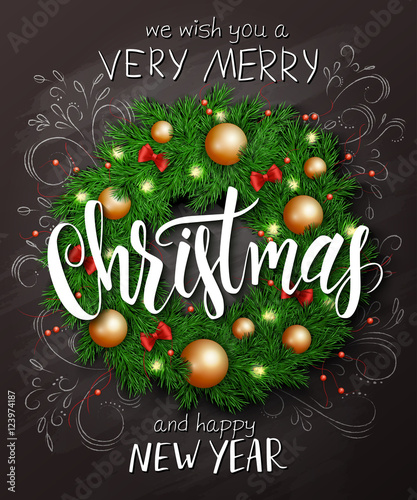 Vector christmas poster with christmas decoration spruce wreath with christmas ornaments, bows, and lettering greetings text