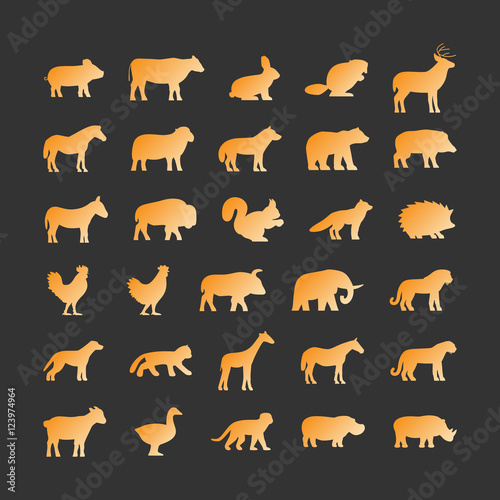 Gold silhouettes of animals on black background.