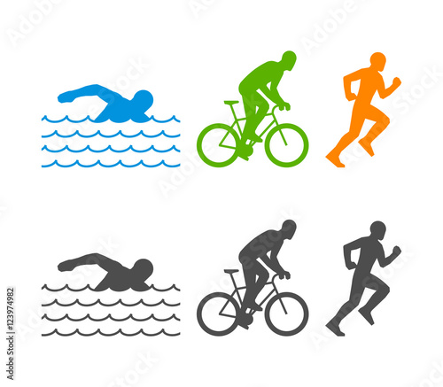 Vector flat logo triathlon. Figures triathletes on a white background.