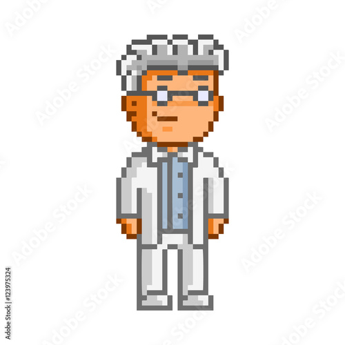 Vector pixel art scientist on white background.