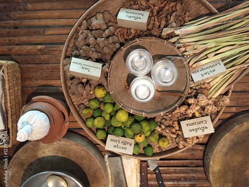 Spices herbs and seed beans in sacks and clay mortar, Local herbs