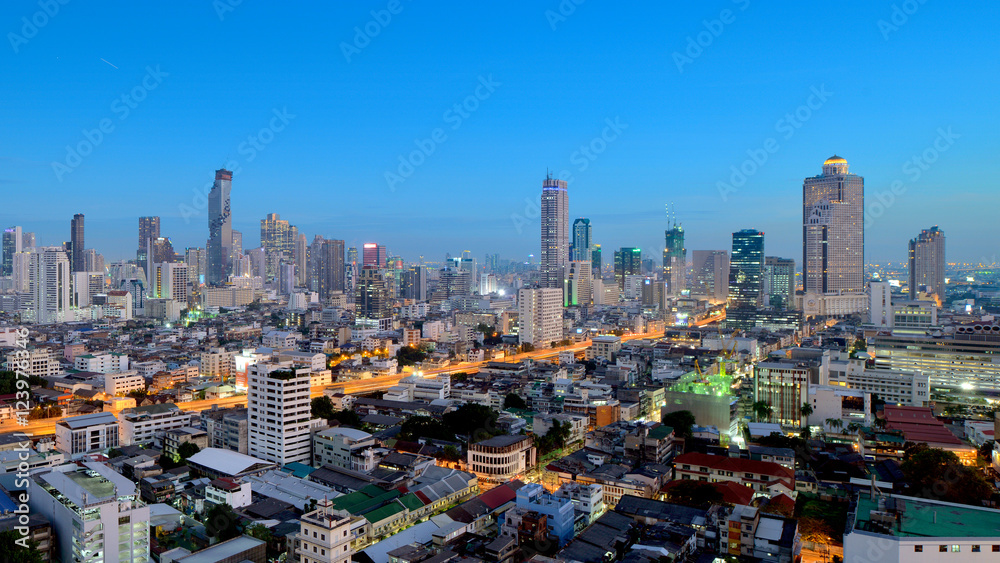 BANGKOK, THAILAND - JANUARY 18: Skyline of Silom Downtown at dusk JANUARY 18, 2016 in Bangkok. Silom and Sathorn area are important business district of Bangkok.