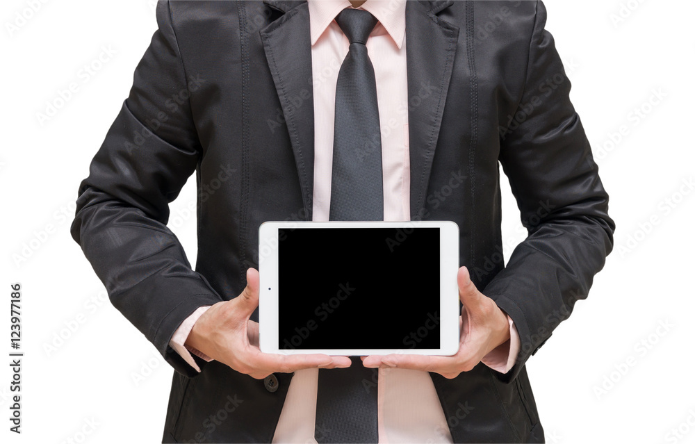 Businessman showing the tablet on white background Businessman showing the tablet on white background