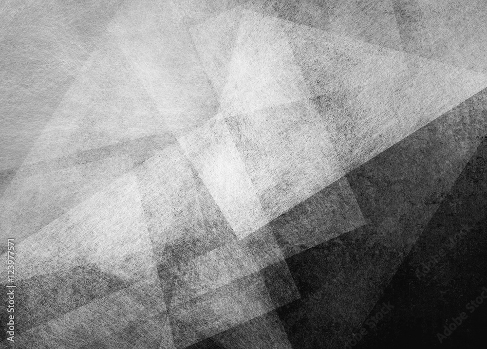 Plakat abstrakcyjne czarne tło z białymi przezroczystymi warstwami trójkąta w przypadkowym wzorze, z ziarnisty zarysowania tekstury