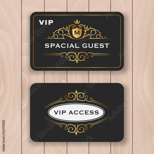 VIP access card with golden flourish frame. Special guest tag card design with dark and luxury ornament. Premium personal name card template for your business. Vector illustration