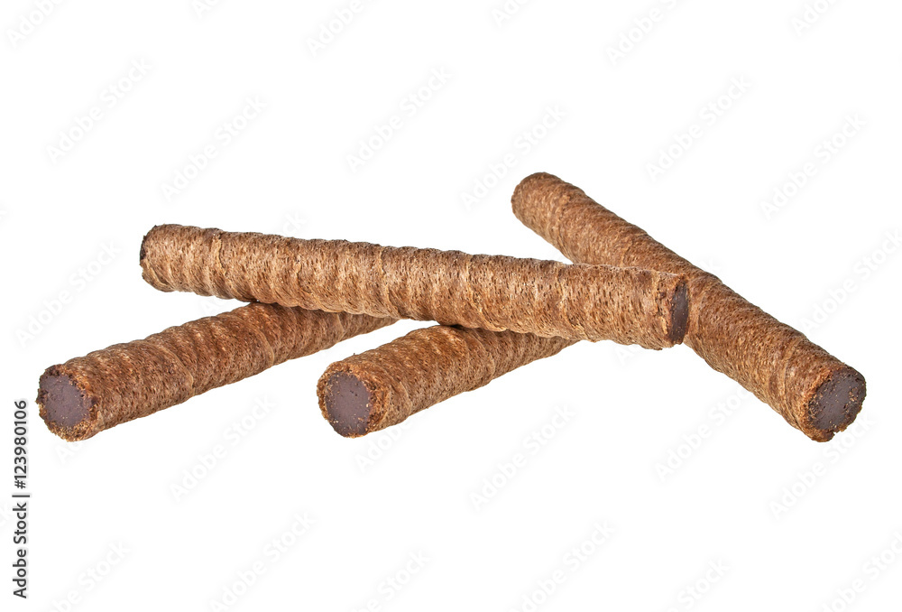 Wafer roll with chocolate and cocoa coating on a white backgroun Wafer roll with chocolate and cocoa coating on a white backgroun