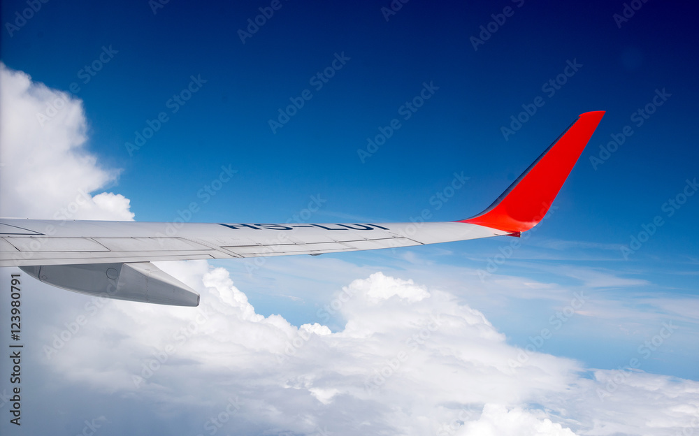 Fototapeta premium The wing aircraft in altitude during flight