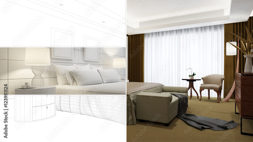 CAD Planung von Hotelzimmer mit Bett Stock-Illustration | Adobe Stock