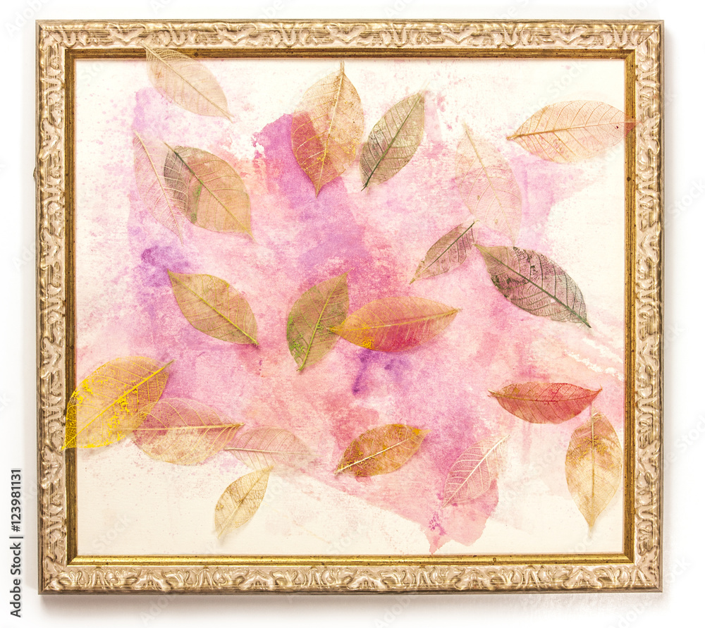Pastel skeleton leaves on framed abstract pink paiting