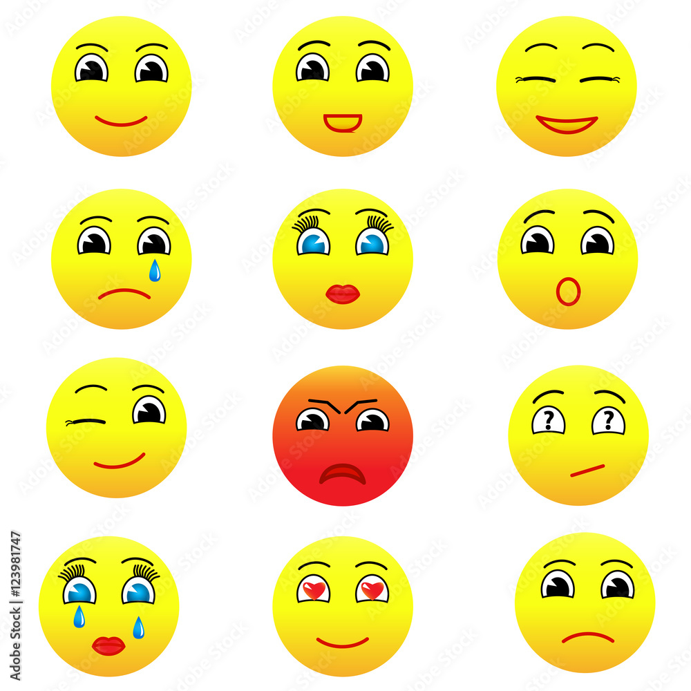 Set of Emoticons. Set of Emoji. Smile icons. Isolated vector illustration on white background in color. Set of Emoticons. Set of Emoji. Smile icons. Isolated vector illustration on white background in color.