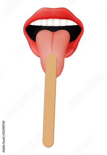 human mouth with wooden tongue depressor