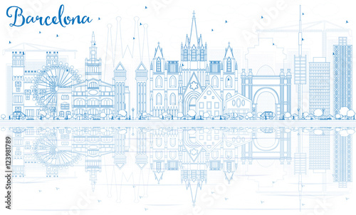Outline Barcelona Skyline with Blue Buildings and Reflections.