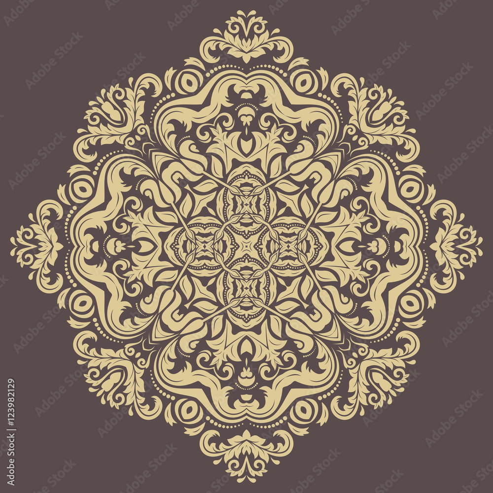 Elegant ornament in the style of barogue. Abstract traditional pattern with oriental elements. Brown and golden pattern