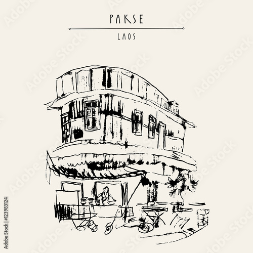 Street corner, local restaurant in old French part of Pakse, Laos, Southeast Asia. Travel sketch. Vintage hand drawn touristic postcard