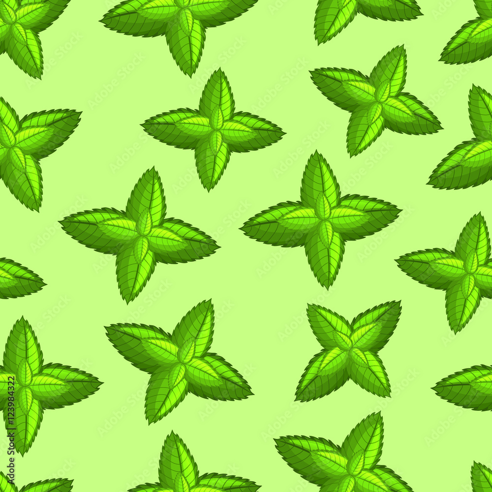 Mint leaves on a green background. Seamless pattern. Vector illustration. Mint leaves on a green background. Seamless pattern. Vector illustration.