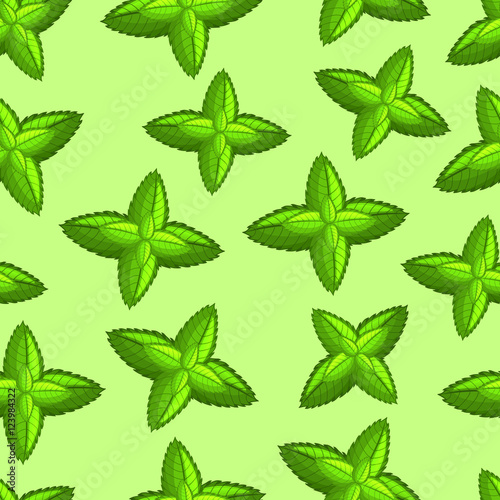 Mint leaves on a green background. Seamless pattern. Vector illustration.