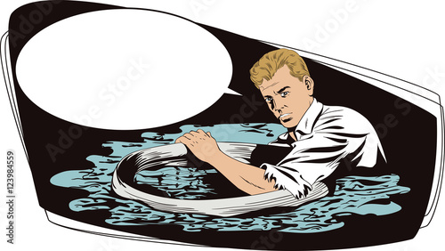 People in retro style. Man on lifebuoy. Shipwreck.