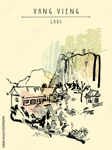 Mountains, riverside and a guesthouse in Vang Vieng, Laos, Southeast Asia. Vintage hand drawn touristic postcard in vector