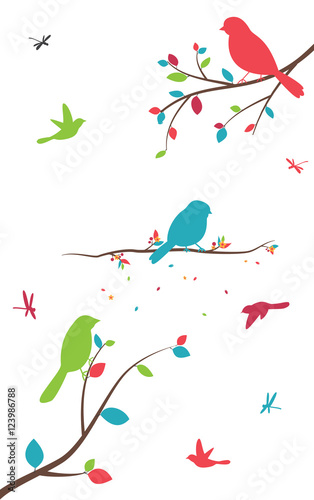 Colorful tree with birds and birdcages