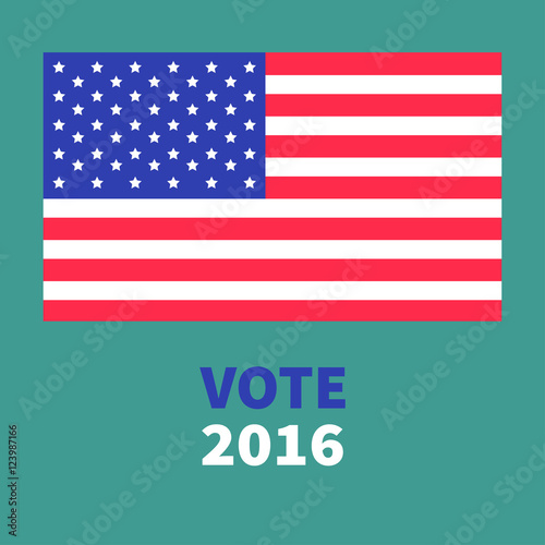 President election day 2016. Voting concept. Big american flag. Isolated Green background Flat design Card