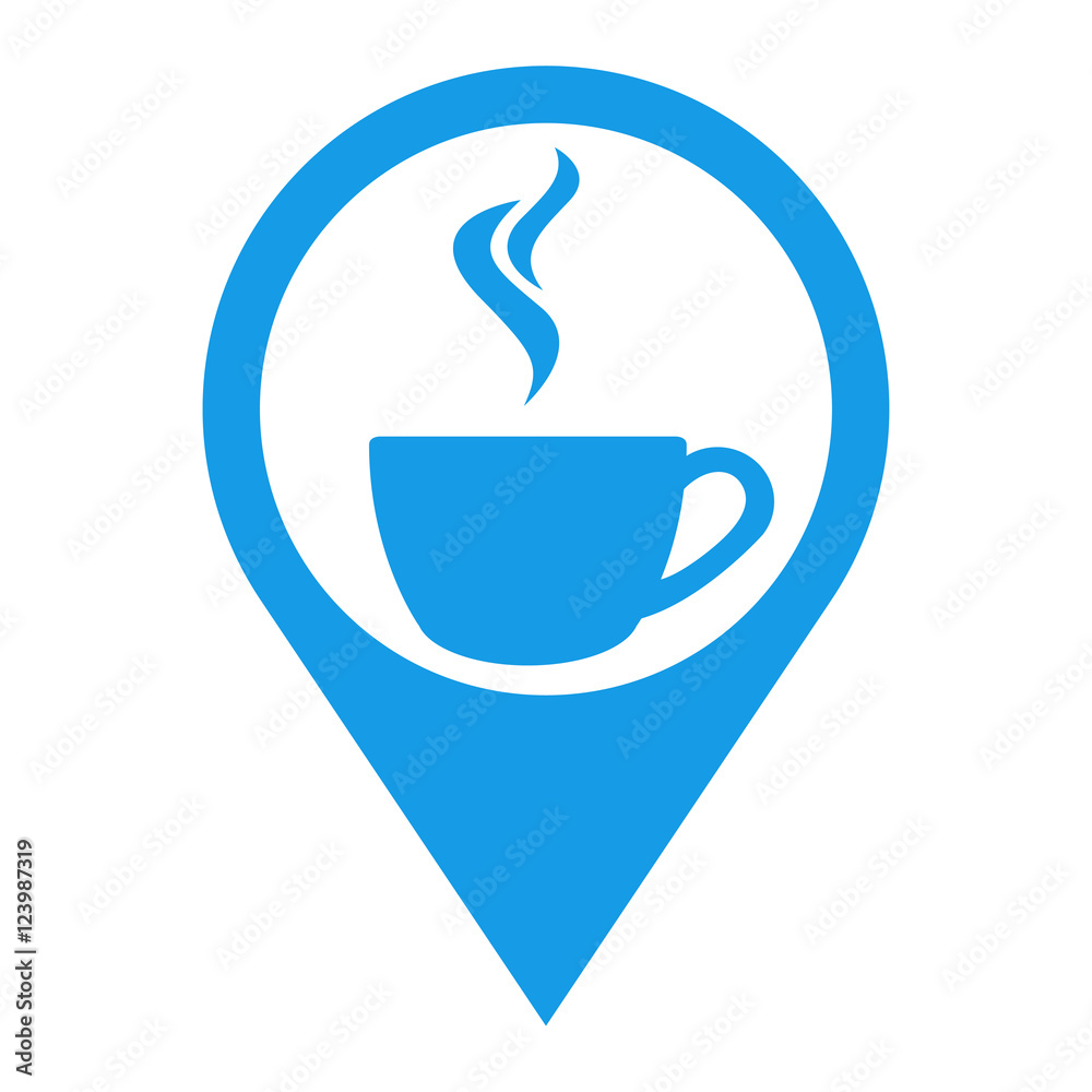 Icono plano localizacion cafe humeante azul Icono plano localizacion cafe humeante azul