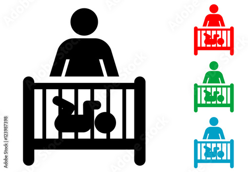 Icono plano madre y bebé en cuna varios colores