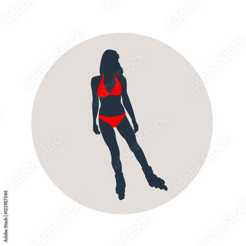 Icono plano silueta patinadora con bikini en circulo gris