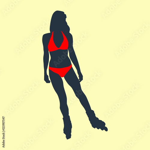 Icono plano silueta patinadora con bikini en fondo amarillo