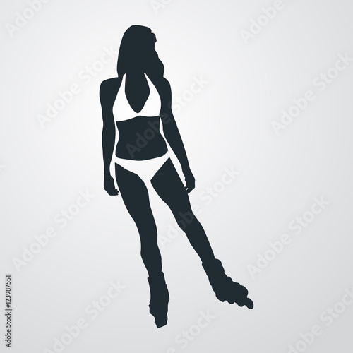 Icono plano silueta patinadora con bikini en fondo degradado