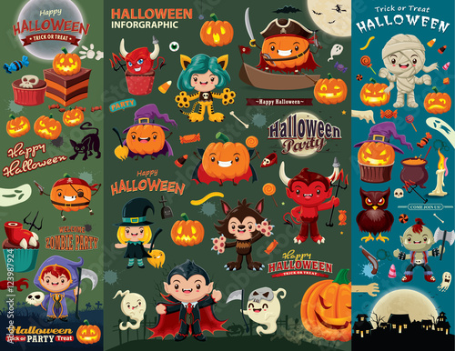 Vintage Halloween poster design set with vector vampire, witch, mummy, wolf man, ghost, reaper, zombie, pirate character.