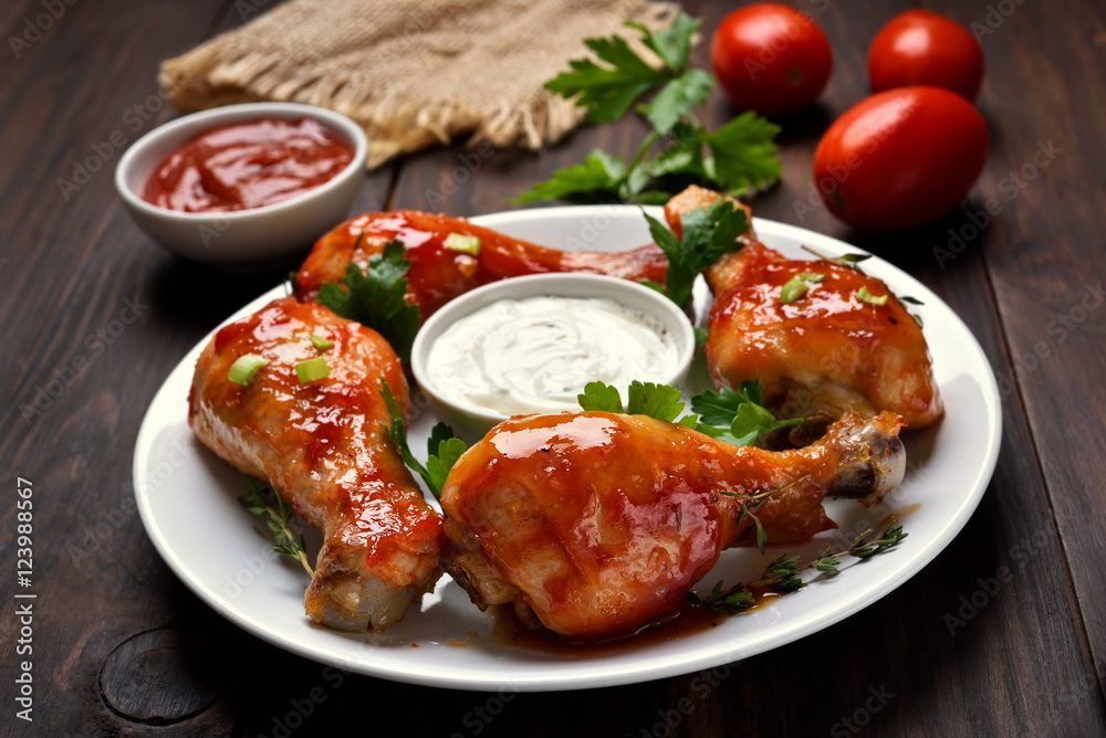 Chicken drumstick fried in red sauce Chicken drumstick fried in red sauce