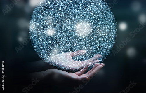 Businessman holding 3D rendering data network sphere in his hand