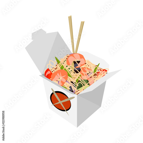 Paper Box Chinese noodles and chopsticks, WOK. Noodles with shrimp. Food delivery vector