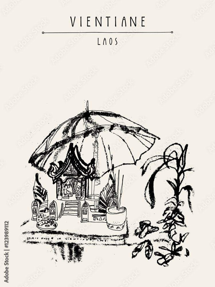 Naklejka premium Spirit house in Vientiane, Laos, Southeast Asia. Vintage hand drawn touristic postcard, poster or book illustration