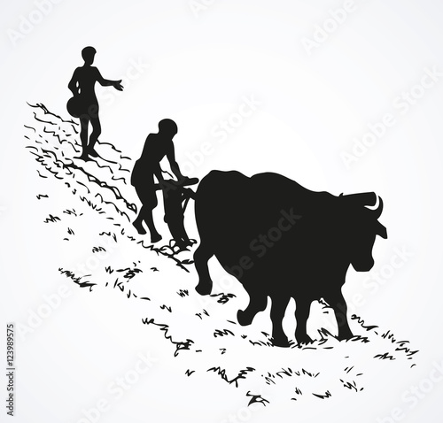 Vector drawing. Primitive agriculture. Peasants treated field