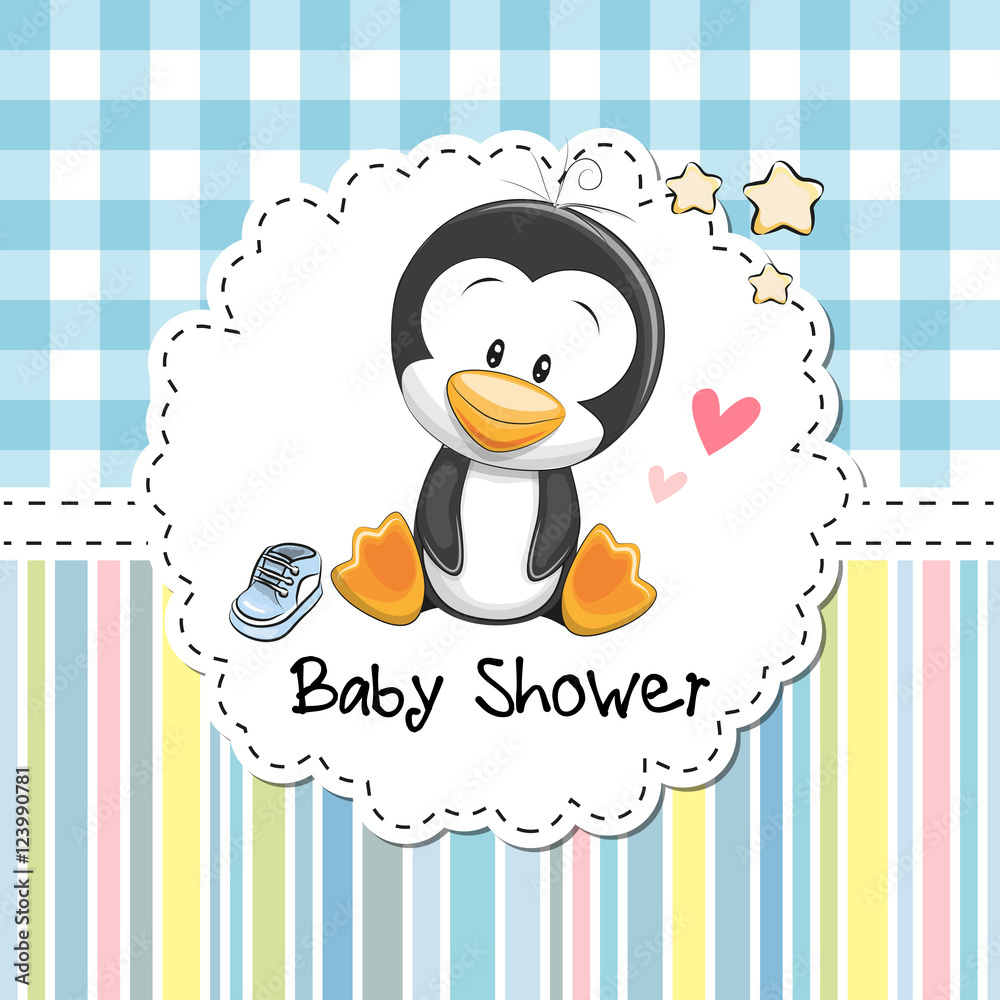 Obraz premium Baby Shower Greeting Card with Penguin