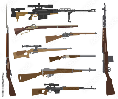 Fotografia Firearm set. Gun, rifle, carbine. Flat design