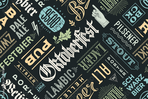 Seamless pattern with types of beer and hand drawn lettering for Oktoberfest Beer Festival. Vintage drawing for placemat, bar menu, t-shirt print and beer themes. Vector Illustration