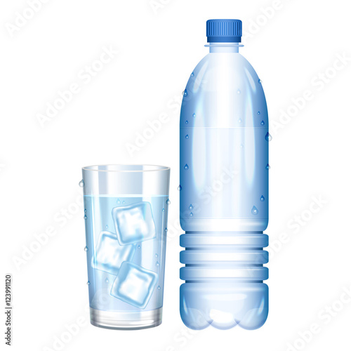 Water in bottle. Glass of pure water with ice. Vector 