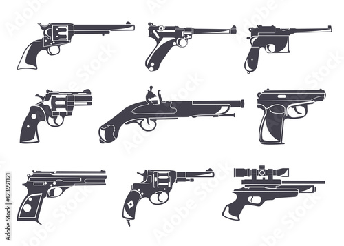 Firearm set. Guns, pistols, revolvers. Flat design
