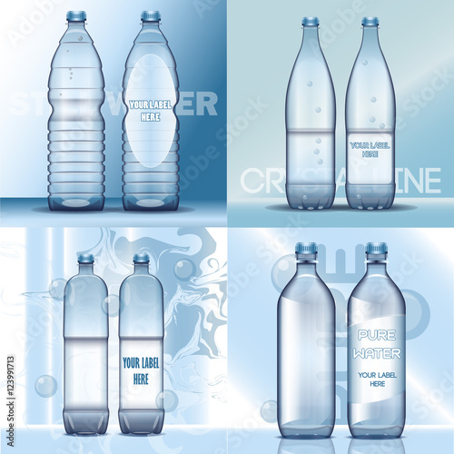 Vector set of transparent plastic blue liquid bottle with caps for mineral water mockup ready for your design