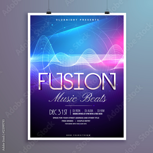 music beats party flyer template with sound waves and colorful l