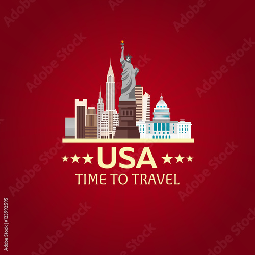 Travel to USA, New York Poster skyline. Time to travel. Statue of Liberty. Vector illustration. © leo_d