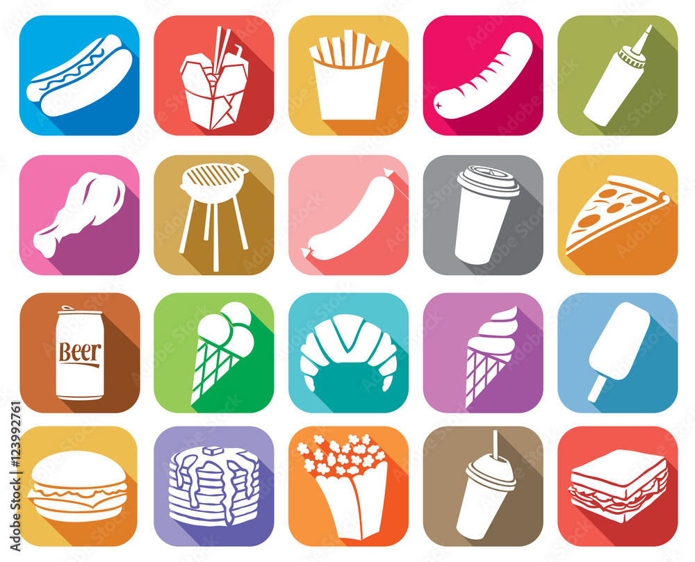 Fast food flat icons set (hamburger, pizza, hot dog, juice, fried chicken legs, barbecue grill, sausage, ice cream, pancake, popcorn, coffee, french fries, sandwich, croissant) Fast food flat icons set (hamburger, pizza, hot dog, juice, fried chicken legs, barbecue grill, sausage, ice cream, pancake, popcorn, coffee, french fries, sandwich, croissant)