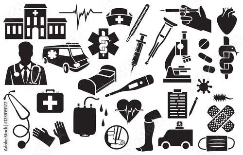 medical icons set (bacterial cell, snake and bowl symbol, adhesive bandage, nurse cap, broken human leg, blood donation bag, dna strand, thermometer, first aid kit, mask, heart, stethoscope, crutch)